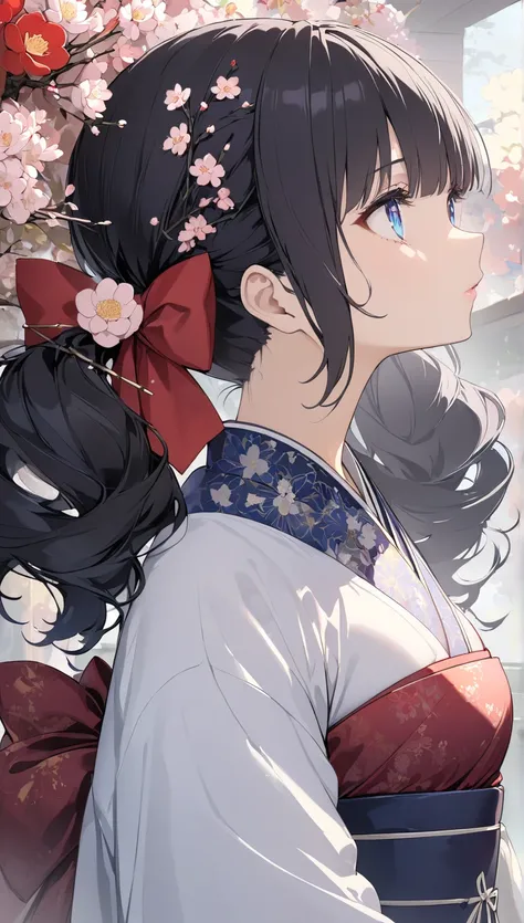 kimono、 is holding a Japanese umbrella、profile、Sadness、column、A garden with lots of flowers in bloom、Narcissus、Wax plum、chrysanthemum、Woman looking up at plum blossoms、( slim、1 person, cute young woman,  medium breasts, black hair、 twin tail hair 、Long sid...