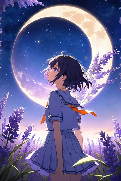 An enchanting anime illustration of a girl standing in a field of blooming lavender under a vast, starry night sky. Her sailor uniform and orange necktie catch the faint silver light of the moon, while her deep blue eyes sparkle with wonder as she gazes up...