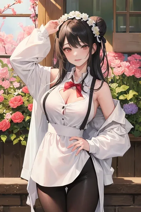 masterpiece、need、1 female student、 white cloth bag bun bag、Leaking Shoulder 、Big breasts、obesity、Smile、 black suspender leggings 、 lace leggings 、 Light Pink Lips 、Posing at school，（ all over wet ），Legs wide open， solo,  white polo shirt,  is watching the ...