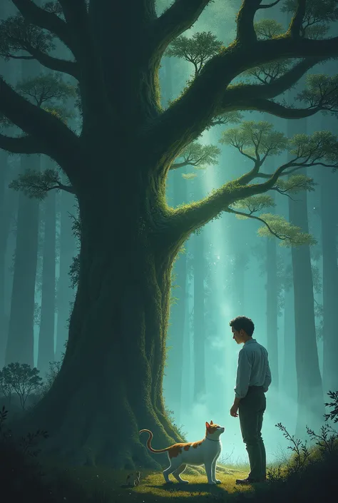 An image in shadows ,  where a man with a light blue camoubus is playing with a white cat with brown spots,  on a sleeve with a giant pine tree with a beautiful and all magical stem  