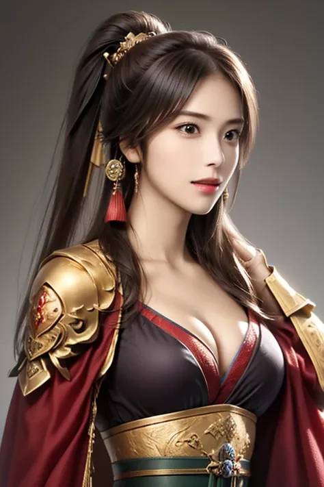 ((The upper body of a female warrior wearing gold and red armor and cloak:1.3)), 1 person,20th generation, black hair, ponytail,(( Exposed Cleavage  :1.1)),Symmetrical normal eyes   ,((No accessory on the forehead)), high-definition face and skin texture ,...