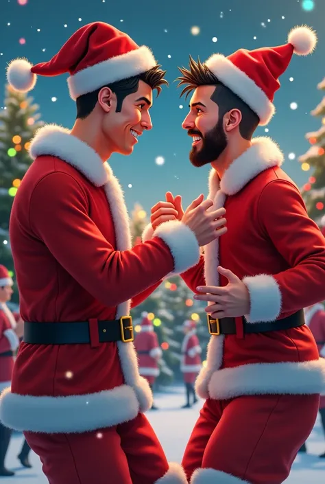 "Create a highly detailed cinematic anime-style scene featuring Cristiano Ronaldo and Lionel Messi dressed as Santa Claus. Both are dancing together dynamically under a festive holiday-themed backdrop with snowflakes falling and colorful Christmas lights g...