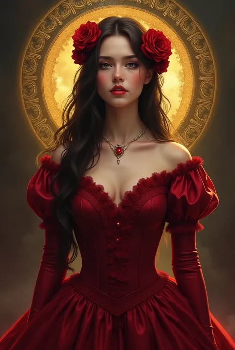 Of course.  Here is a detailed description of the image :

 The image is a work of digital art that represents a young woman wearing a wine-red dress.  She has long dark brown hair ,  and has red roses in her hair and dress .  The dress is in Rococo or Vic...