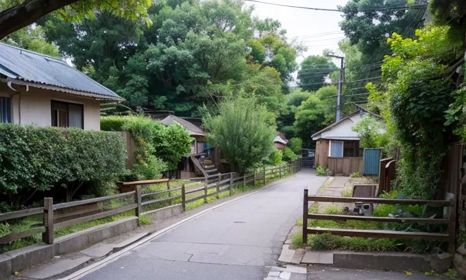 In small walking bridge down small road, side other houses, trees and morning time, older area, no more human 