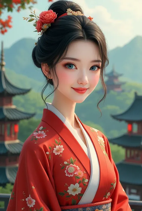 Blue-eyed Chinese woman smiling wearing a red kimono in China