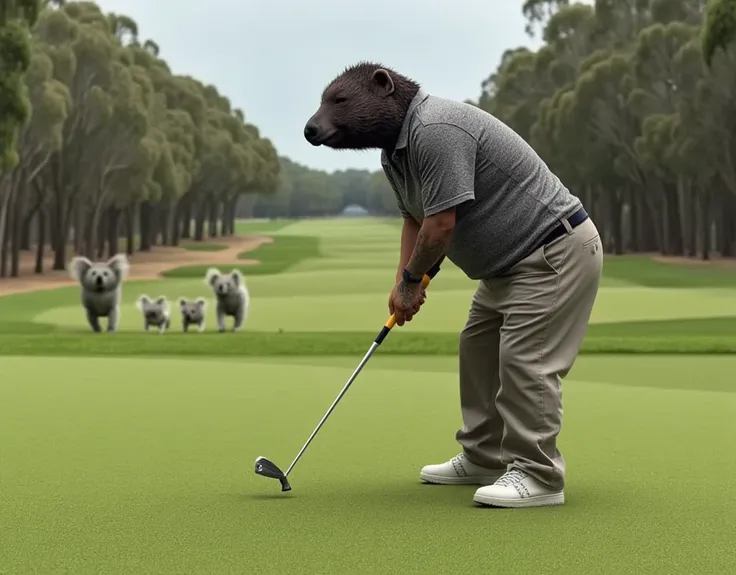 a photo of mole, (mole:1.5) as a man playing golf in a competition with a bunch of koalas