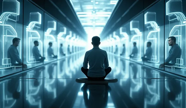 Futuristic room with mirrors, a man sitting in the center, several holographic clones are reflected in the mirrors. cinematic lighting, ultra detailed 8k resolution