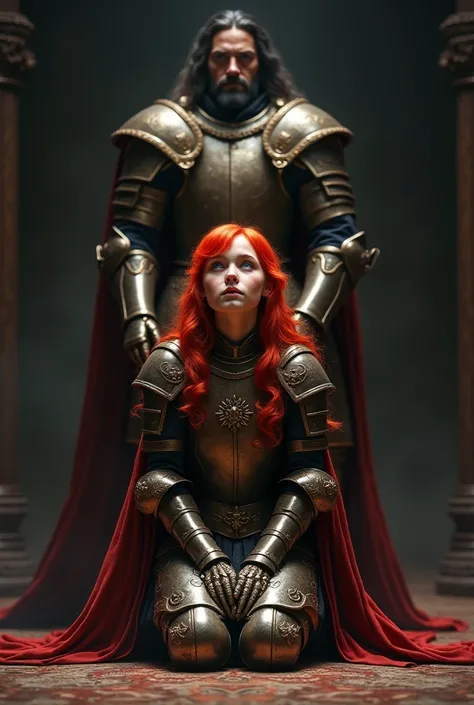  A red-haired girl kneeling on the floor,  tilting her head ,  dressed in medieval armor and behind her, a man with his back dressed as a prince , with black hair,  her clothes with gold details ,  against a black background and you call .