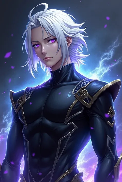 Create a powerful male character with white, shoulder-length hair resembling Meliodas style, but longer and slightly messy. He has glowing, dark purple or blue eyes, radiating an aura of infinity. On his face, theres a visible demon mark, glowing faintly n...