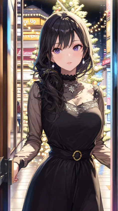 "(best quality, 4k, 8k, highres, masterpiece:1.2), ultra-detailed, realistic, A stunning woman named Elle with purple eyes, beautifully detailed lips, and short black hair styled into an elegant ponytail. She wears a regal black dress inspired by royal fas...