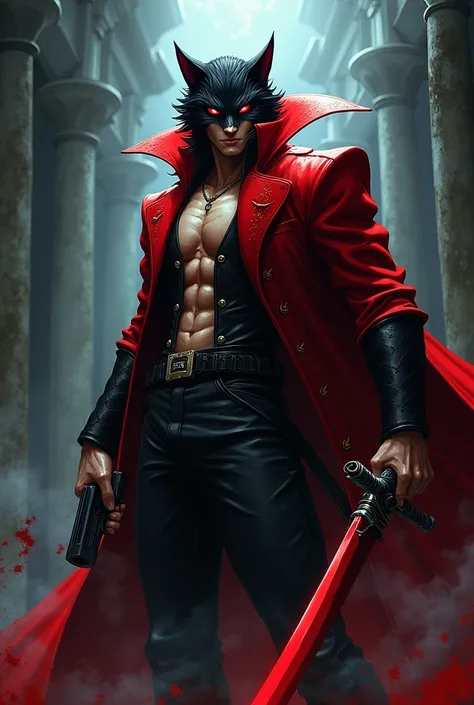  I want a drawing with the body of Inosuke with the cover of Alucard and a weapon of Alucard ,With the right hand of the manga cat with the sword and with some characteristics of the anime jotaro 