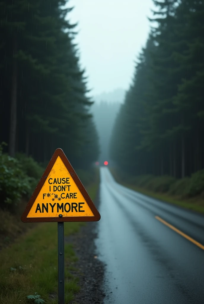 A yellow and white triangular sign with the phrase "Cause I dont f****** care anymore" written on it with wide black color on the side of a long road between two forests and its raining And the image should be a little far away