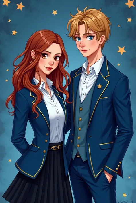  create an image for the cover of a book where the protagonist Eloise Solarian is a princess studying at a magic school in Callahan and she hates Peter Ashford.  She has reddish brown and wavy hair ,  dark brown eyes , freckles, e usa o uniforme da academi...