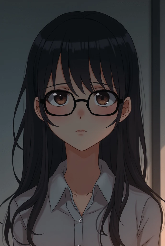 Brunette anime character with sad mode glasses
