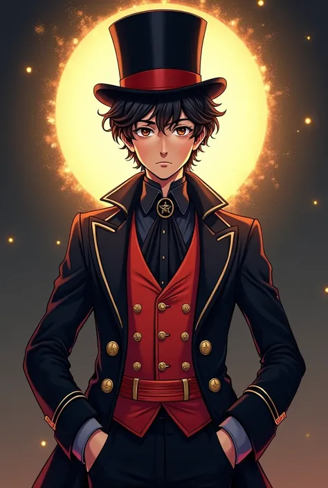 Here is a description of the image:

 The image is a digital illustration of a young man wearing an elegant outfit and a top hat.  The art style is a comic or manga style with intricate details and vibrant colors . 


 The man has dark and curly hair ,  br...