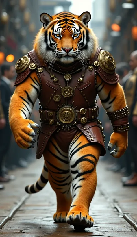  Create a detailed, photorealistic image of a stubby anthropomorphic Mankikon tiger walking down a fashionable runway. The tiger is wearing a steampunk costume 