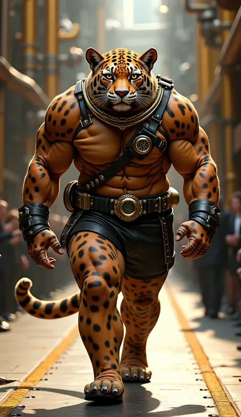  Create a detailed, photorealistic image of a stocky anthropomorphic Mankikon jaguar walking down a fashionable runway. The jaguar is wearing a steampunk costume 