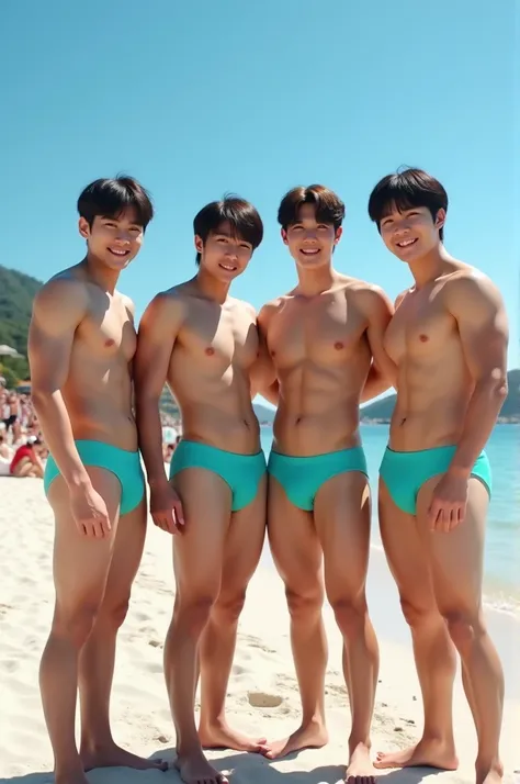 four korean men, bob hair, aqua bikini, big breasts, full body, standing on the beach, small smile, horny, crowd, beautiful view