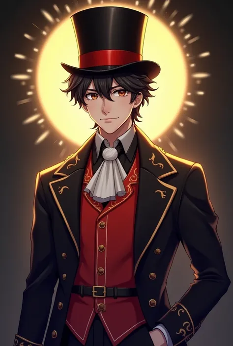 Here is a description of the image:

The image is a digital illustration of a young man wearing elegant attire and a top hat with intricate details and vibrant colors. 


 The man has dark and curly hair ,  brown eyes and a soft and confident expression . ...