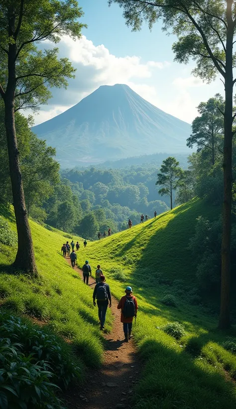 Many residents walk to Mount Merapi Jogja Indonesia, big trees and green grass