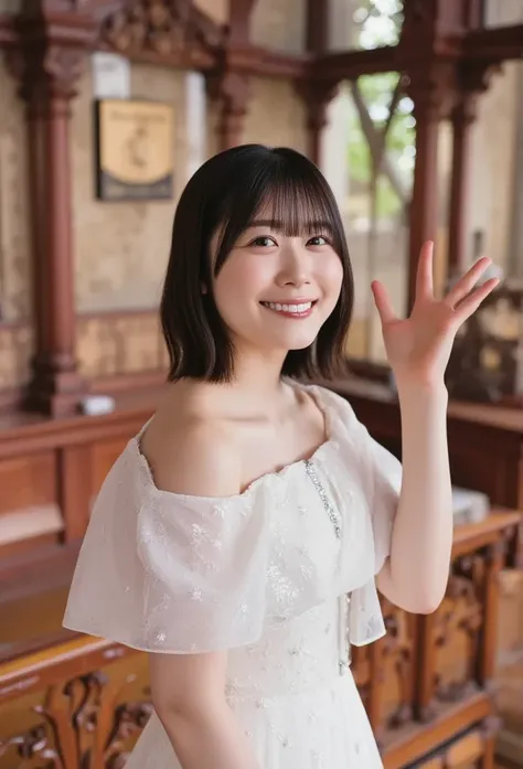 (8k、 RAW photo、 top quality 、masterpiece:1.2)、( realistic 、 realistic )、 1 girl、(( off-shoulder wedding dress, Chapel、 short bob、 FRONT VIEW 、smile、 camera  、smile、stand))、cute、 small Breasts 