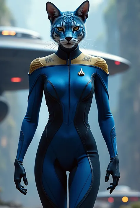 Starfleet officer with blue thunderbird/cheetah motif 