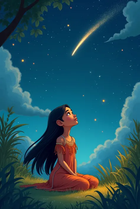 Cartoon of an indigenous North American with long black hair , Looking at the Moon and a shooting star