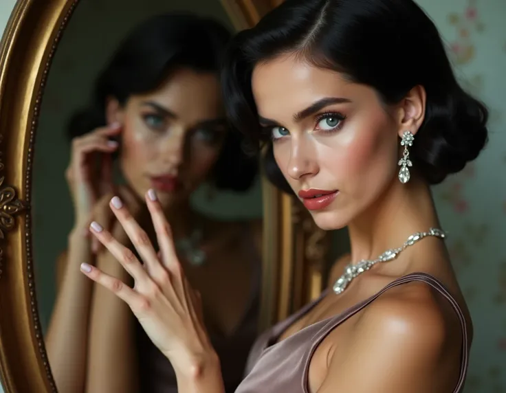  A woman in a vintage satin dress, wearing delicate jewelry,  posing next to an antique mirror ,  reflecting her beauty and sophistication . With her nipples sticking out and marking , her black hair and blue eyes 