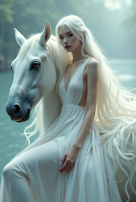 A beautiful woman with very white skin, gray eyes, perfect body, long flowing white hair in a sexy dress with side slits, riding a white horse with long manes, gray eyes with the head of a water. 