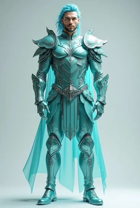 man, full body 3d  photorealistic ultra realism high definition aesthetic stabilized diffusion picture of handsome hunky Warrior Neptune , aqua hair , in crystal turquoise shimmering shimmering crystal glass chrome clothing armor,  Detailed facial parts , ...