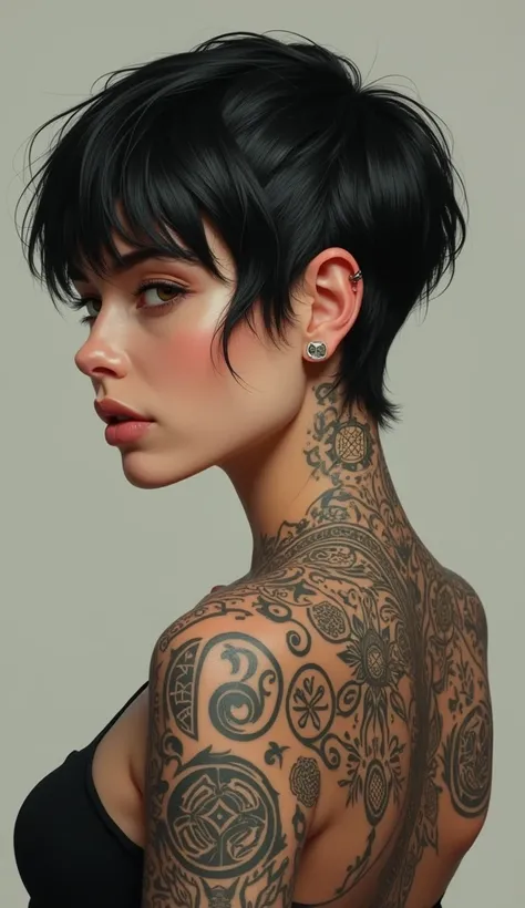 Several tattoos of Wiccan symbols and runic symbols on the back of the head of a short-haired and realistic woman 