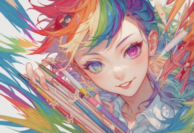 a close up of a group of  Colored pencil  on a white background, crayon lines , many colors in the background,  Colored pencil , Many colors,  colorful なプラスチック, Rainbow,  multicolor, Rainbowのストライプの背景,  colorful な背景, fine color lines,  vivid color, Vivid co...