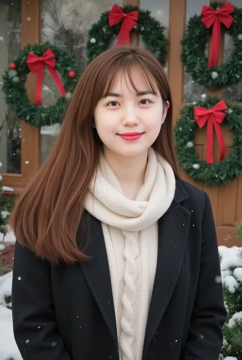 The image shows a young woman standing outdoors in a winter setting. She is wearing a black coat and a white knitted scarf, with snowflakes falling around her. Behind her, there are festive decorations, including large green wreaths with red bows, suggesti...