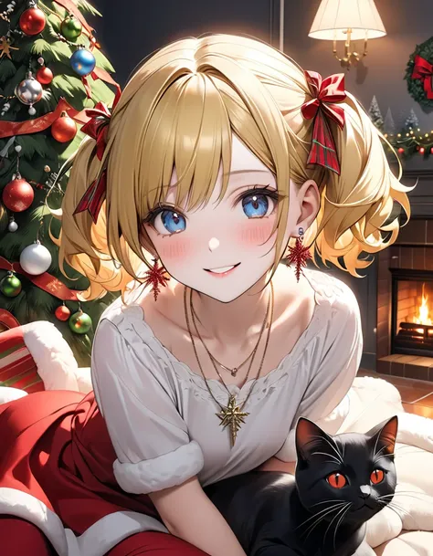 hyperrealism,absurderes, ultra-detailliert,bright colour, Short hair,Blonde hair with fluffy short twintails:1.2)Shiny hair,(gothic lorita:1.5),(Celebrate Christmas in a room with a fireplace:1.2),(Impatient smile:1.3),(Christmas tree),Christmas Decoration...