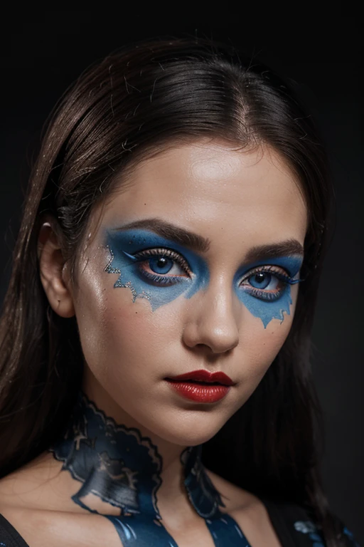  A striking foreground of an artistic face  ,  possibly a doll  , a nun or a mannequin  ,  showing an intricate and unique design  .  The face is painted in shades of blue  ,  with cracked patterns that resemble dry clay  ,  adding a textured and worn look...