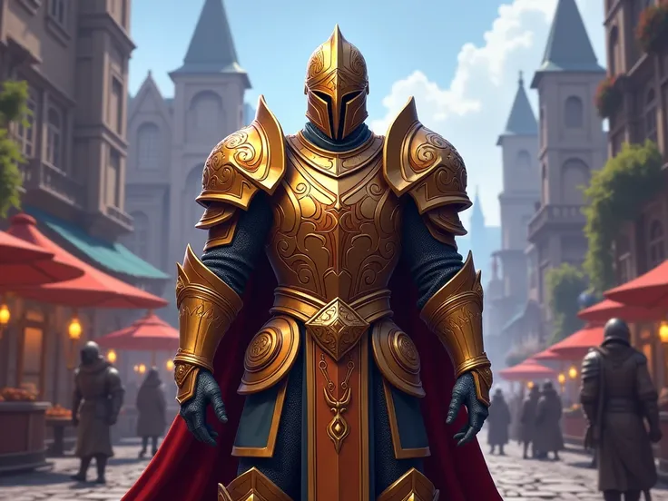 A Human knight wearing the Weekly Recolor of Warfronts Alliance Plate Armor. Standing in Stormwind City