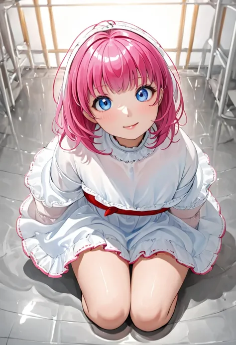 ( ,  short, Petite body,  , loli, :1.3),(Sitting on the floor), ( Long Sleeve White Blouse ,  blue suspender skirt, red chest ribbon ),( smiles, look at this with an upper eye, light blush, Beautiful light blue eyes), (blunt bangs,  bob hair,  pink hair), ...