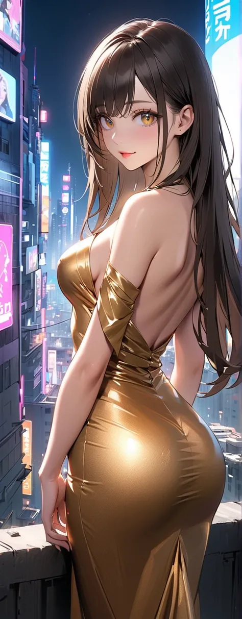 Straight hair、 brunette ,(( very detailed golden sexy dress )),  looks like  , ( beautiful girl : 1.3),1 woman, top grade,8k,High quality cg unit wallpaper,masterpiece:1.2, top grade, super resolution,RAW photos, Realistic Textured Skin ,Cinema Lighting, h...