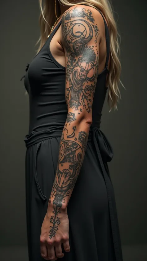 Multiple tattoos of Wicca symbols and witchcraft symbols on a realistic female arm 