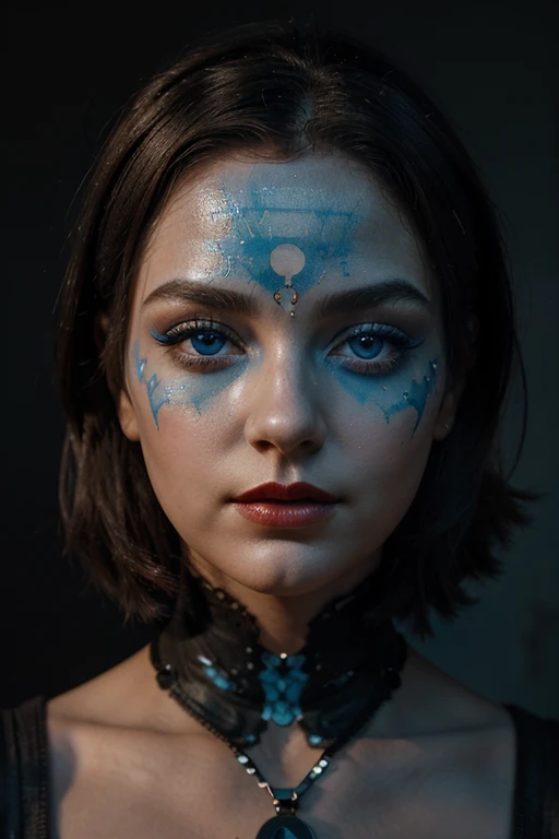  A striking foreground of an artistic face  ,  possibly a doll  , a nun or a mannequin  ,  showing an intricate and unique design  .  The face is painted in shades of blue  ,  with cracked patterns that resemble dry clay  ,  adding a textured and worn look...