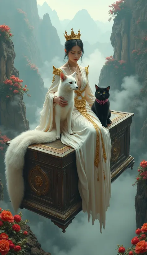  The picture depicts a noble woman with a serene expression,  wearing a carefully designed gold crown , wearing an elegant long dress with gold decorations .  She is holding a white fox with fine feathers , Symbolizing wisdom .  sitting on top of a mysteri...