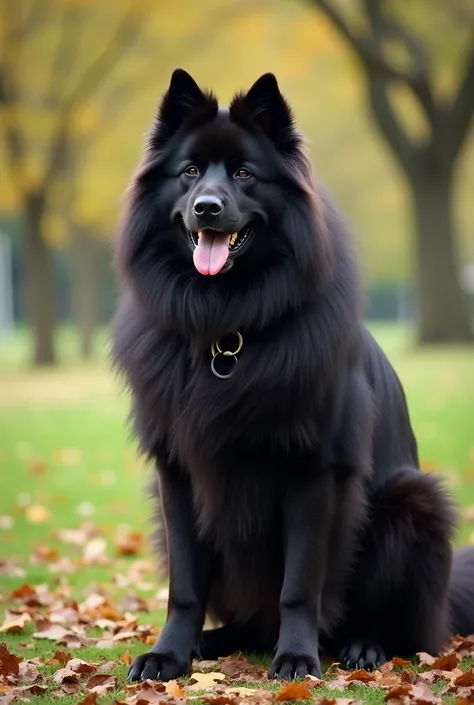 A large, black and very hairy Tibetan dog in a park with trees