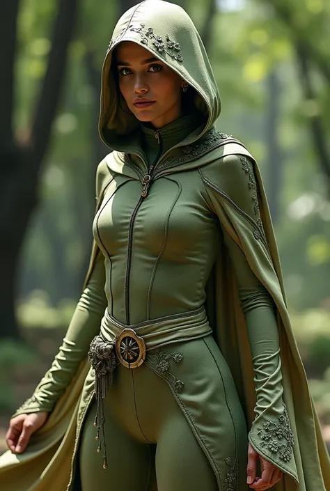 A dynamic superhero costume for a female character named Eco da Transformação. The outfit features earthy tones and flowing fabrics that resemble leaves and vines, designed for agility and comfort. It includes a hood, long sleeves, and a high collar for mo...