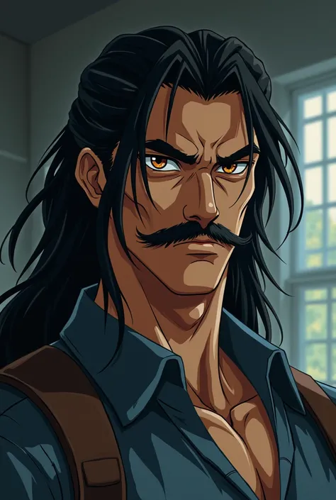 90s anime man,dark hair ,middle part long hair , mustache ,brown sleepy eyes, muscular 