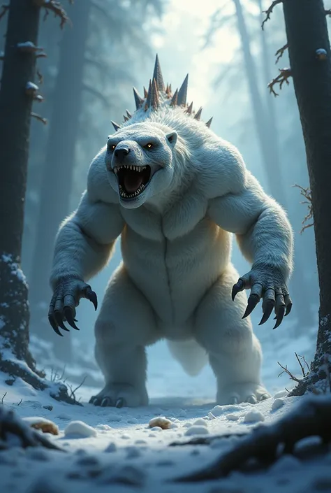 "Create a highly detailed 4K image of a muscular, monstrous hybrid creature, a unique fusion between a polar bear and a velociraptor, emerging from a dark, icy forest environment. The creature features the robust, furry body of a polar bear, with sharp cla...