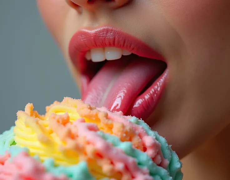 close-up on lips and tongue of a woman eating colored ice cream, Macro photography, Hyper realistic, Hyper detailed, 8k, Photorealism