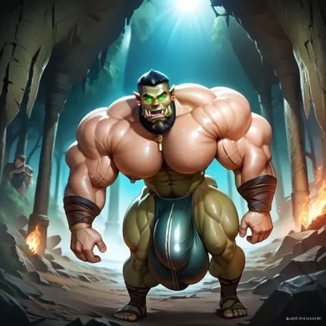 best quality, masterpiece, extremely detailed, detailed background, many men stand in an adventurers dungeon lit by hypnotic glowing crystals, a captured male adventurer and his friends are transforming into a dumb hyper muscular orc warriors via an Orc ri...