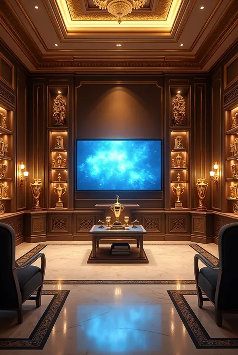 create a space where the trophies are placed and a large television in the center 