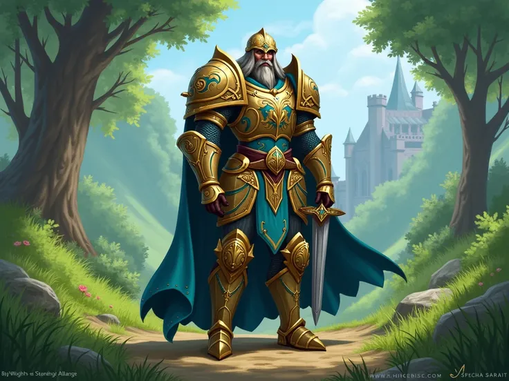 A Human knight wearing the Weekly Recolor of Warfronts Alliance Plate Armor. Standing in the Elwynn Forest