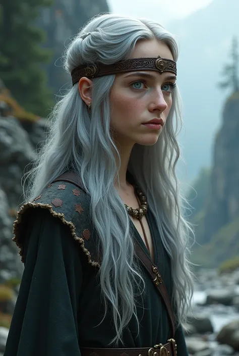 Medieval-era teenager , She wears a leather band on her forehead, has silver hair and blue eyes 